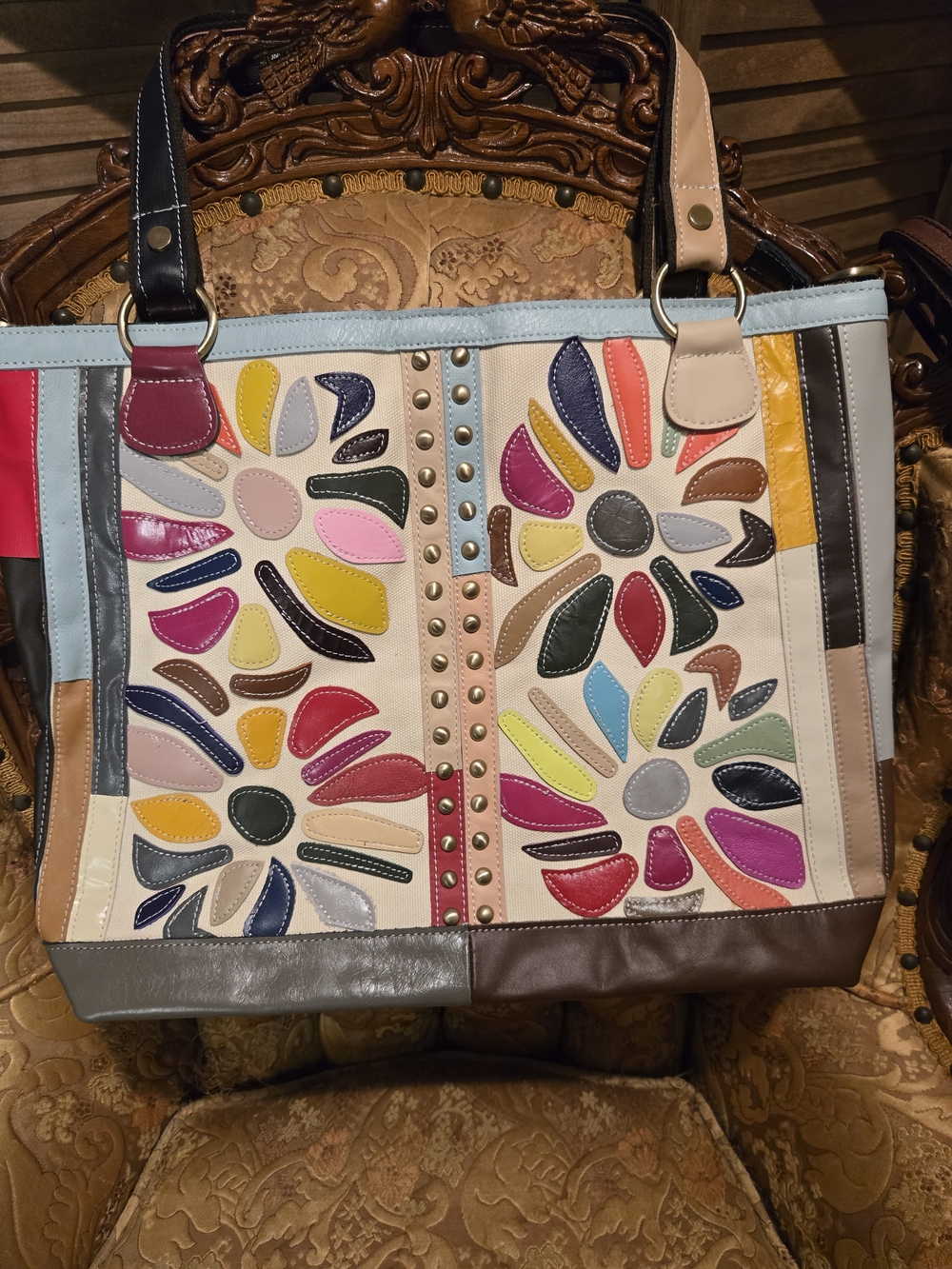 Multicolor Canvas/ Leather Floral Patchwork Tote Bag With Metal Stud Accents.New